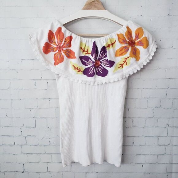 Soft Surroundings Ribbed Embroidered Top Size XS Off The Shoulder Boho Floral - Picture 4 of 7